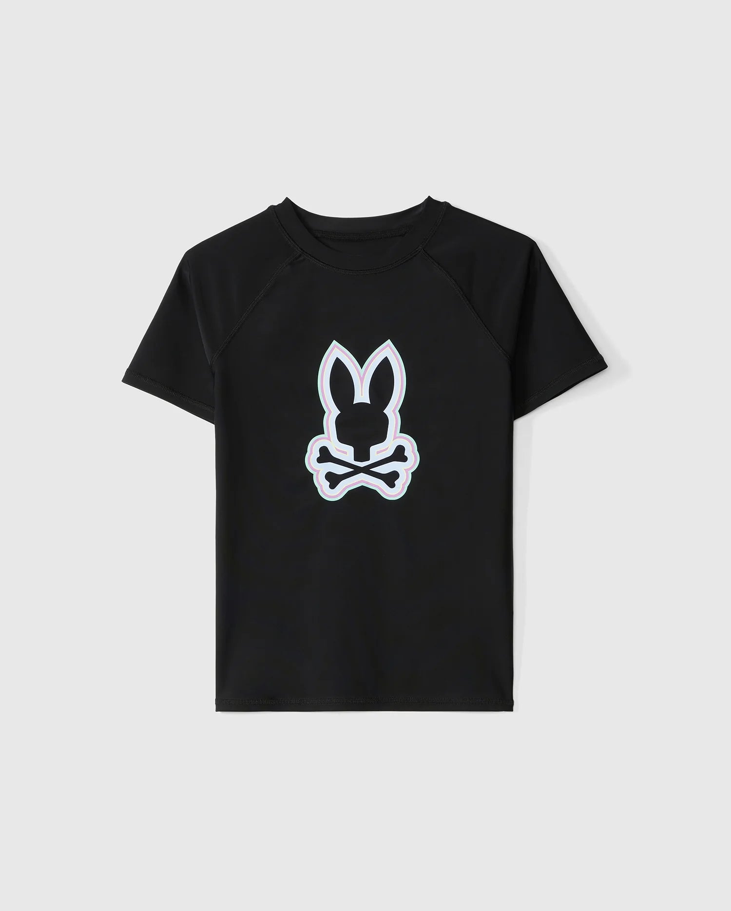 A black short sleeve rash guard with a white graphic design of a stylized bunny wearing a bow tie, displayed on a plain white background, featuring UPF 50+ protection -- KIDS SAN LEON ANTI-UV RASHGUARD by Psycho Bunny