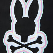 A close-up image of a stylized white rabbit head logo with crossed bones behind it, outlined in neon pink and green on a Psycho Bunny Kids San Leon Anti-UV Rashguard - B0T645C200 with UPF 50+ protection against a black background.
