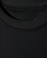 Close-up of a black fabric texture showing detailed stitching and overlapping layers, focusing on the craftsmanship and UPF 50+ protection quality in the Psycho Bunny KIDS SAN LEON ANTI-UV RASHGUARD - B0T645C200.