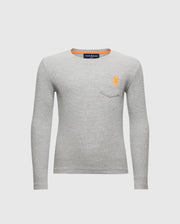 The Psycho Bunny KIDS VAL WAFFLE LONG SLEEVE TEE - B0T672E200 in light gray features a left chest pocket and an orange embroidered logo. Its simple design, crafted from soft Pima cotton, is highlighted against a plain white background.