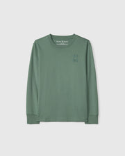 The KIDS ALBERTON LONG SLEEVE TEE - B0T867D200 from Psycho Bunny is crafted in a soft Pima cotton in green, featuring a subtle embroidered rabbit outline on the left chest. Ideal for layering, it beautifully complements a plain white background.