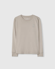 Introducing the KIDS ALBERTON LONG SLEEVE TEE - B0T867D200 by Psycho Bunny: a light beige Pima cotton long-sleeve tee featuring a regular fit with a round neckline. Adorned with a modest rabbit illustration on the left chest, this shirt offers both comfort and style for casual occasions.