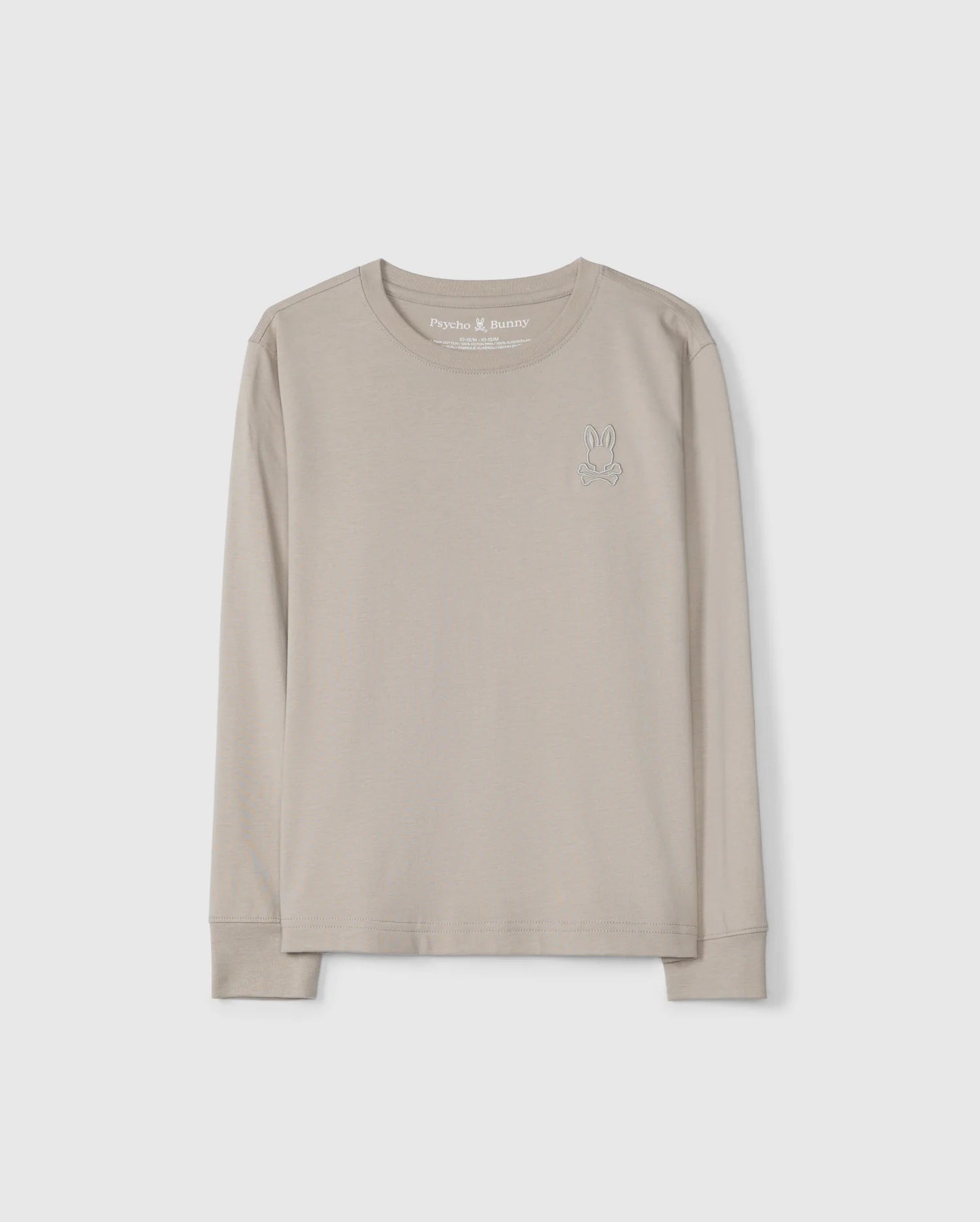 Introducing the KIDS ALBERTON LONG SLEEVE TEE - B0T867D200 by Psycho Bunny: a light beige Pima cotton long-sleeve tee featuring a regular fit with a round neckline. Adorned with a modest rabbit illustration on the left chest, this shirt offers both comfort and style for casual occasions.