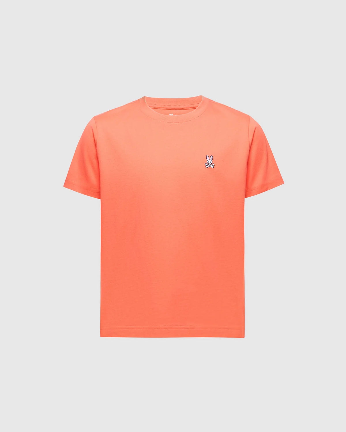 The KIDS CLASSIC CREW NECK TEE - B0U014F200 by Psycho Bunny is a soft Pima cotton T-shirt. It features a small embroidered cartoon bunny logo on the left chest in plain orange, perfectly contrasting its light gray background.
