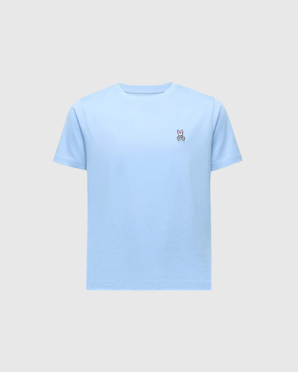 The KIDS CLASSIC CREW NECK TEE by Psycho Bunny (B0U014B200) is a light blue tee made from soft Pima cotton, featuring a small embroidered cartoon Bunny logo on the left chest.