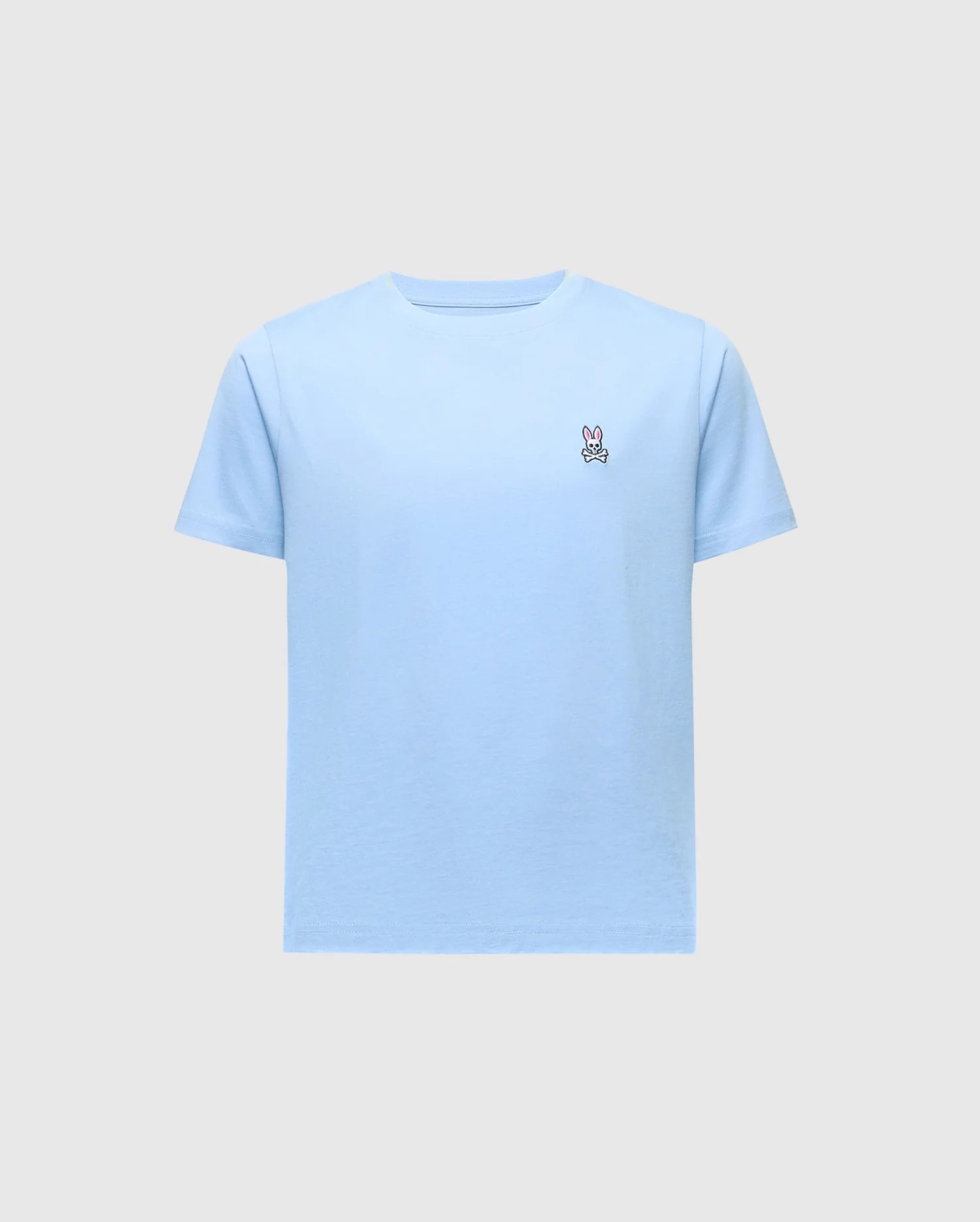 The KIDS CLASSIC CREW NECK TEE by Psycho Bunny (B0U014B200) is a light blue tee made from soft Pima cotton, featuring a small embroidered cartoon Bunny logo on the left chest.