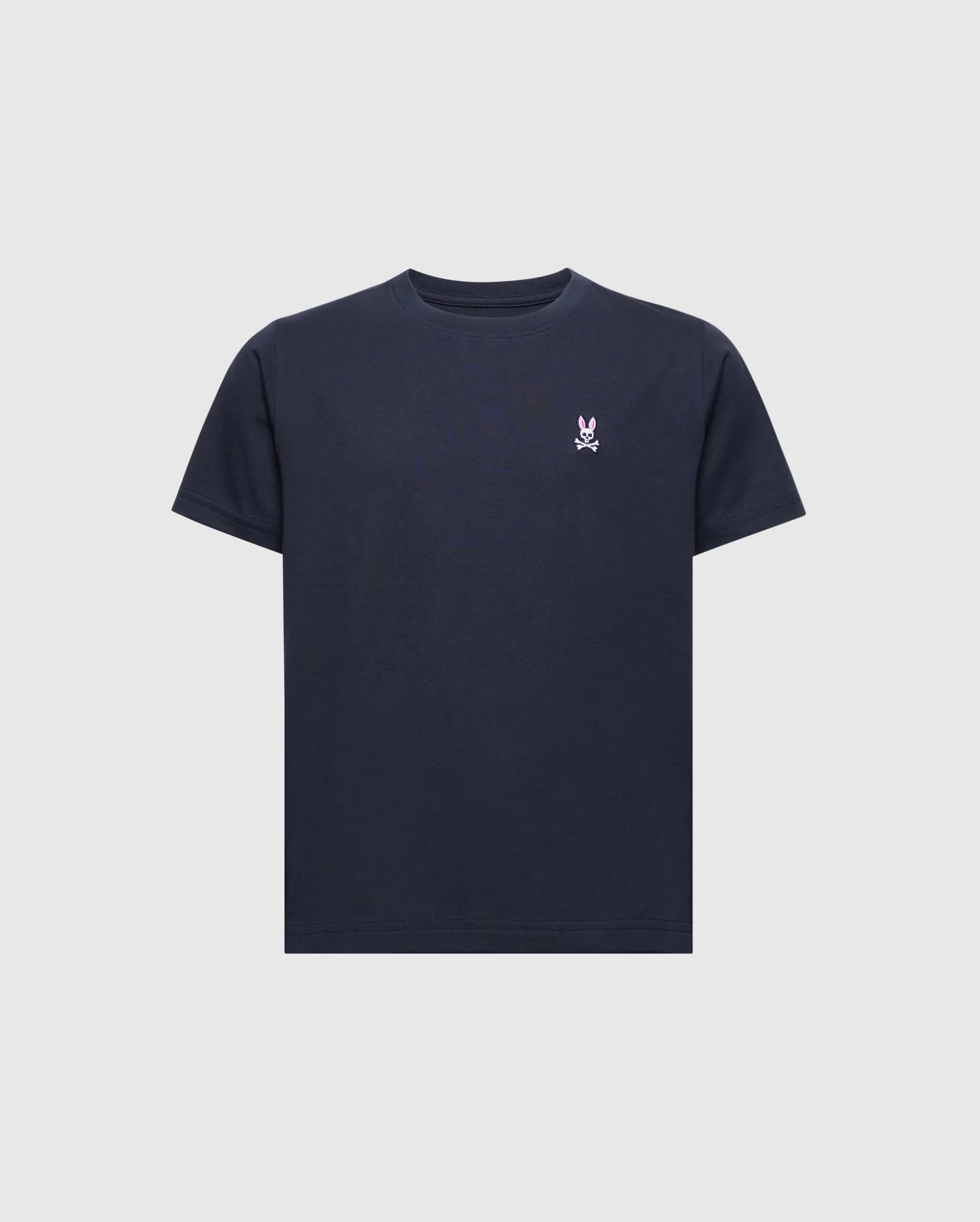 The Psycho Bunny KIDS CLASSIC CREW NECK TEE (B0U014CRPC) is a versatile black T-shirt made from 100% Pima cotton. It features a small white logo with crossed bones on the left chest, offering a minimalist design perfect for back-to-school outfits, with short sleeves and a crew neckline.