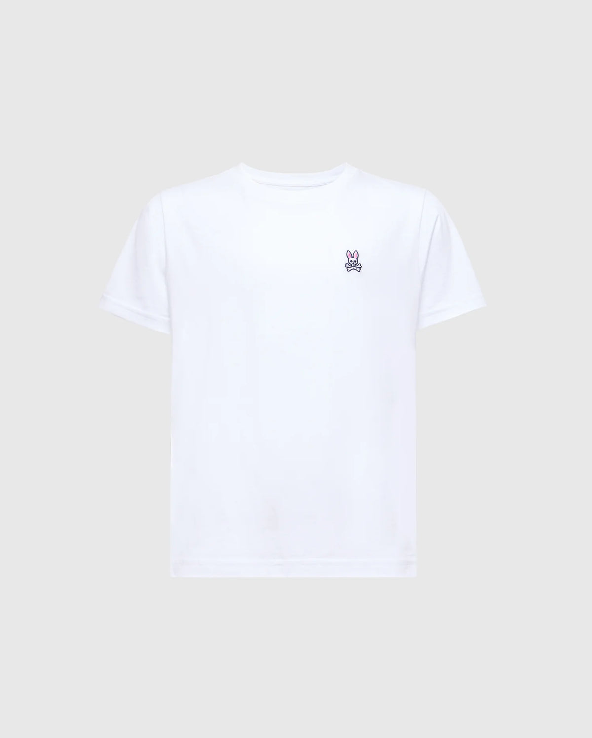 The KIDS CLASSIC CREW NECK TEE - B0U014CRPC by Psycho Bunny is a white tee crafted from 100% Pima cotton, adorned with a small embroidered bunny logo on the left chest, set against a plain gray background—ideal for kids' back-to-school outfits.