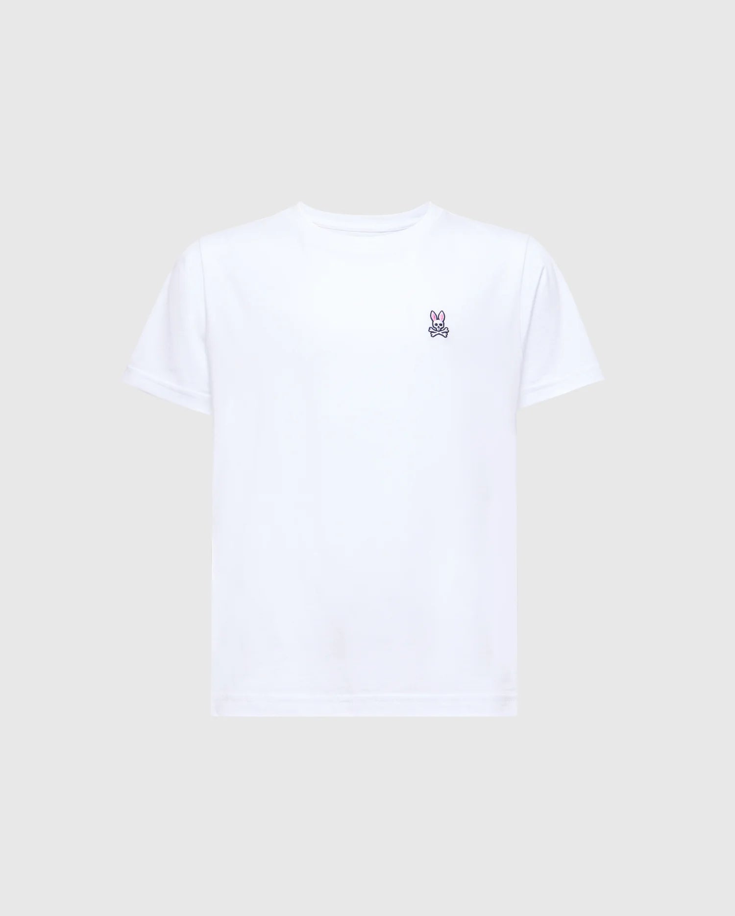 The KIDS CLASSIC CREW NECK TEE - B0U014CRPC by Psycho Bunny is a white tee crafted from 100% Pima cotton, adorned with a small embroidered bunny logo on the left chest, set against a plain gray background—ideal for kids' back-to-school outfits.