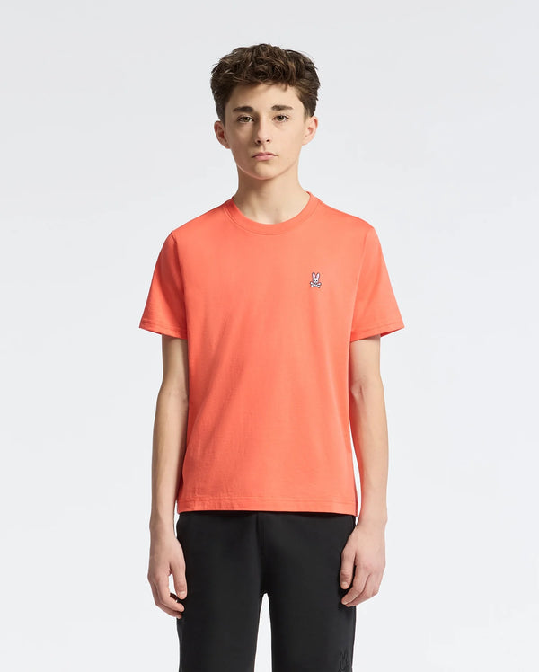 Teen | Kids' Classic Crew Neck Tee in hot coral by Psycho Bunny, featuring a soft cotton design and embroidered logo for a bold, stylish look.
