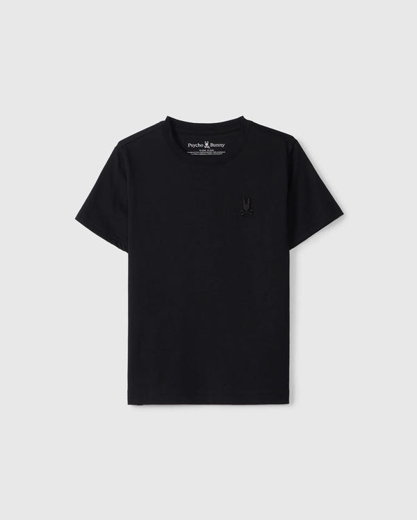 A plain black Psycho Bunny T-shirt against a white background. The KIDS EMBROIDERED CLASSIC TEE - B0U020AR00 features short sleeves and a small embroidered black rabbit logo on the left chest. The neckline is round, and the material, made from Peruvian Pima cotton, appears to be soft and comfortable—a truly timeless silhouette.