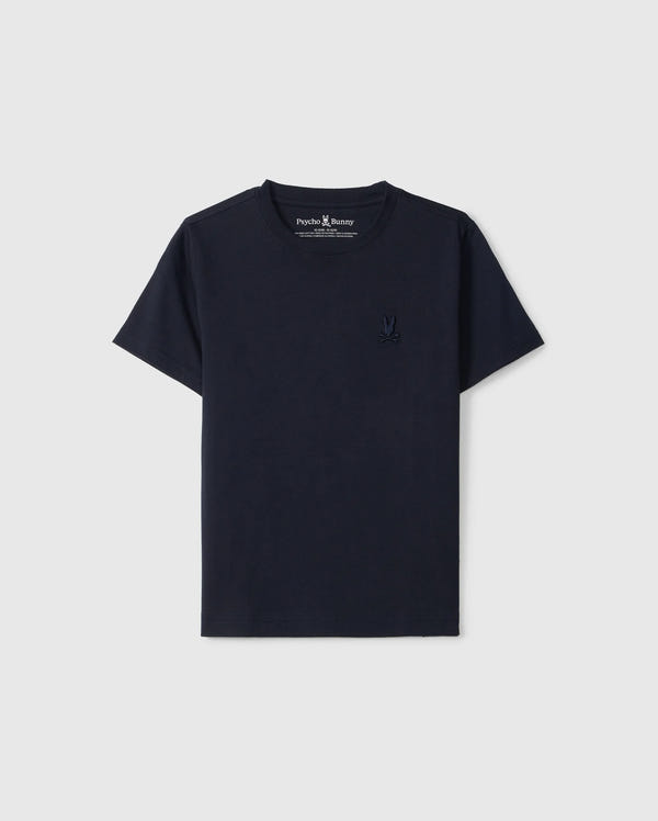Introducing the KIDS EMBROIDERED CLASSIC TEE - B0U020AR00 by Psycho Bunny, a timeless navy blue short-sleeved classic tee crafted from luxurious Peruvian Pima cotton. It features an embroidered chest bunny on the left side, a crew neckline, and a minimalist design set against a plain white background.