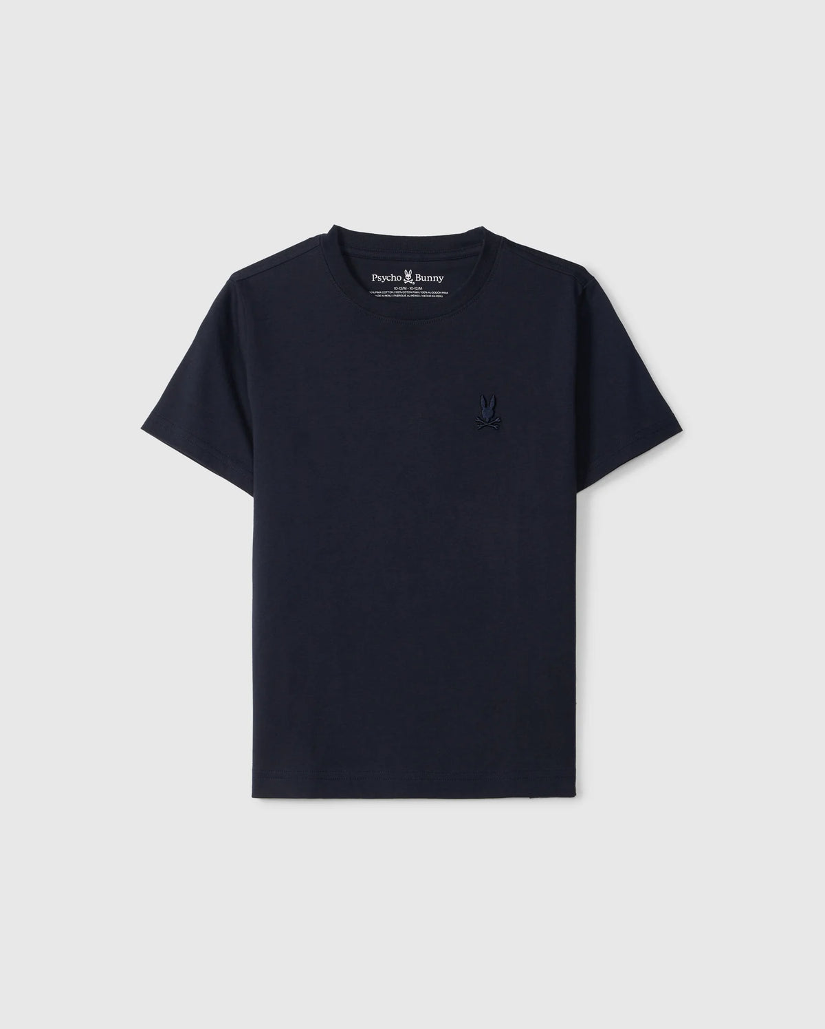 Introducing the KIDS EMBROIDERED CLASSIC TEE - B0U020AR00 by Psycho Bunny, a timeless navy blue short-sleeved classic tee crafted from luxurious Peruvian Pima cotton. It features an embroidered chest bunny on the left side, a crew neckline, and a minimalist design set against a plain white background.