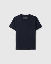 Introducing the KIDS EMBROIDERED CLASSIC TEE - B0U020AR00 by Psycho Bunny, a timeless navy blue short-sleeved classic tee crafted from luxurious Peruvian Pima cotton. It features an embroidered chest bunny on the left side, a crew neckline, and a minimalist design set against a plain white background.