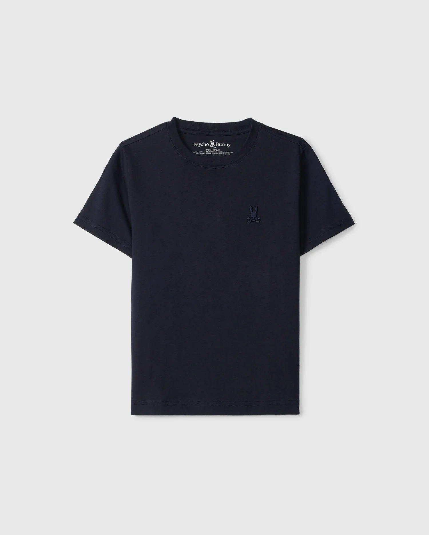 Introducing the KIDS EMBROIDERED CLASSIC TEE - B0U020AR00 by Psycho Bunny, a timeless navy blue short-sleeved classic tee crafted from luxurious Peruvian Pima cotton. It features an embroidered chest bunny on the left side, a crew neckline, and a minimalist design set against a plain white background.