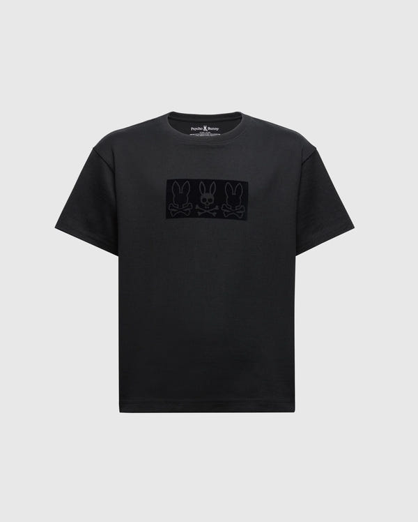 The KIDS ROMEO HEAVY WEIGHT RELAXED FIT TEE - B0U110E200 by Psycho Bunny is a children's black tee that showcases three minimalist bunny faces across the chest, crafted from soft Pima cotton for ultimate comfort and durability.