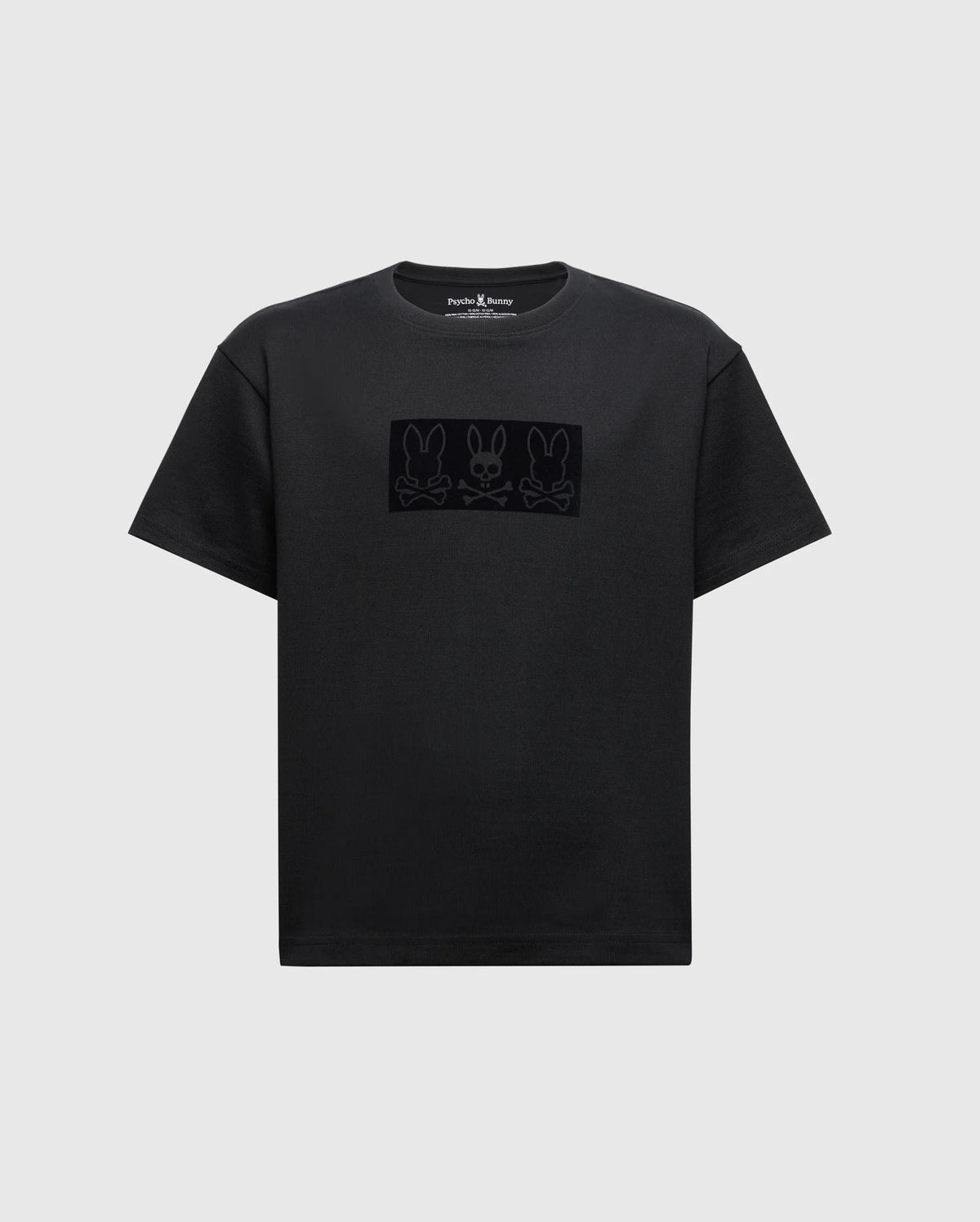 The KIDS ROMEO HEAVY WEIGHT RELAXED FIT TEE - B0U110E200 by Psycho Bunny is a children's black tee that showcases three minimalist bunny faces across the chest, crafted from soft Pima cotton for ultimate comfort and durability.