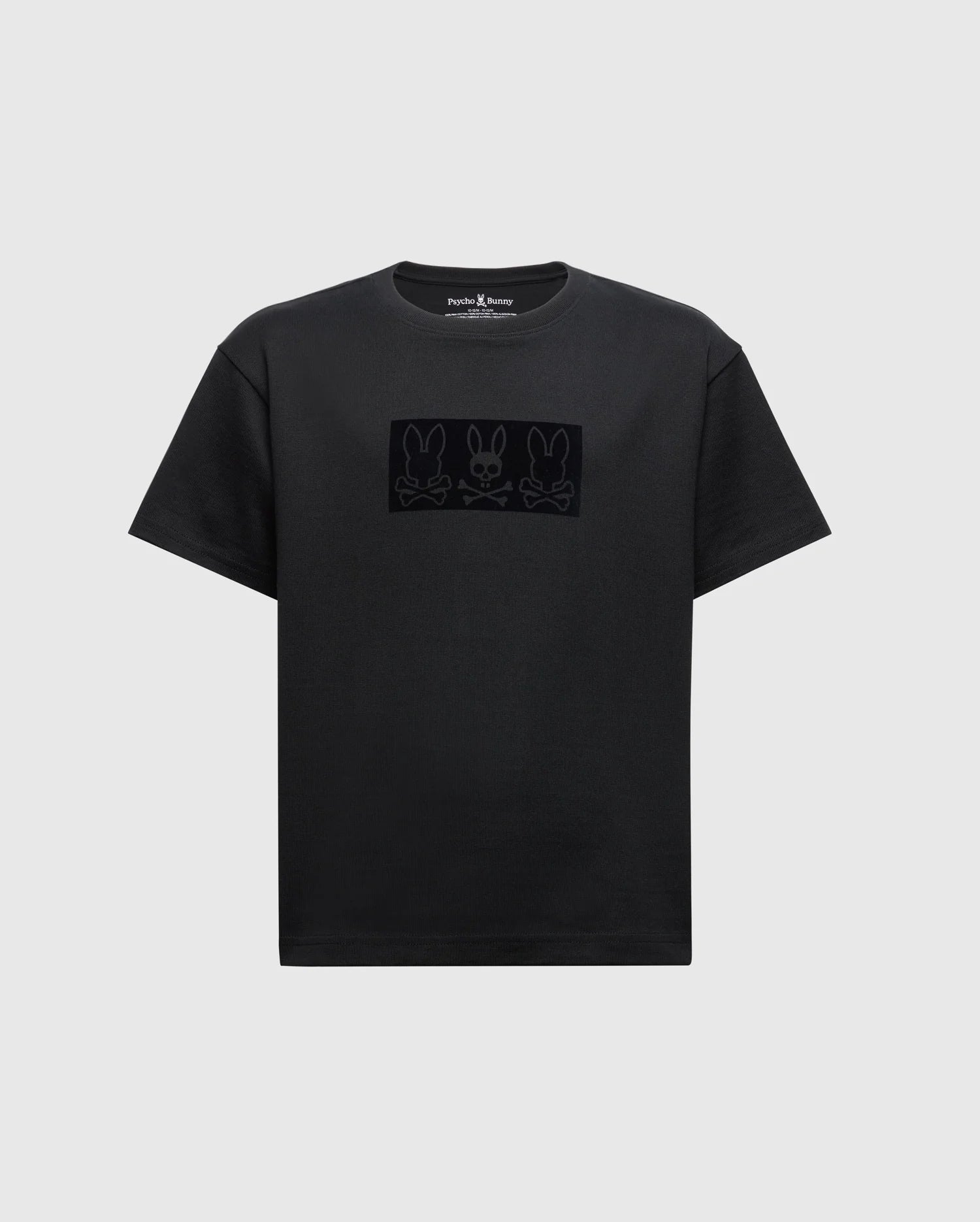 The KIDS ROMEO HEAVY WEIGHT RELAXED FIT TEE - B0U110E200 by Psycho Bunny is a children's black tee that showcases three minimalist bunny faces across the chest, crafted from soft Pima cotton for ultimate comfort and durability.