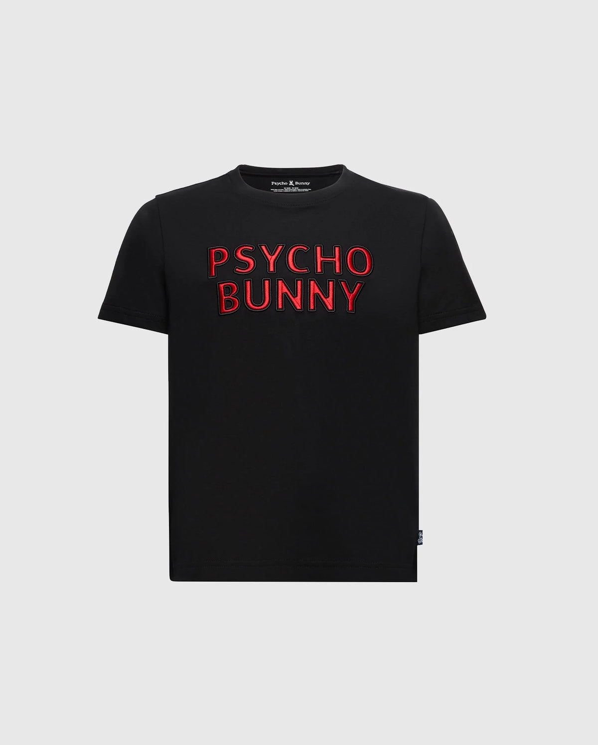 Displayed on a plain gray background, the Psycho Bunny Kids Pierce Embroidered Graphic Tee (B0U116E200) features "PSYCHO BUNNY" in red embroidery on a black Pima Cotton fabric, combining style with comfort.