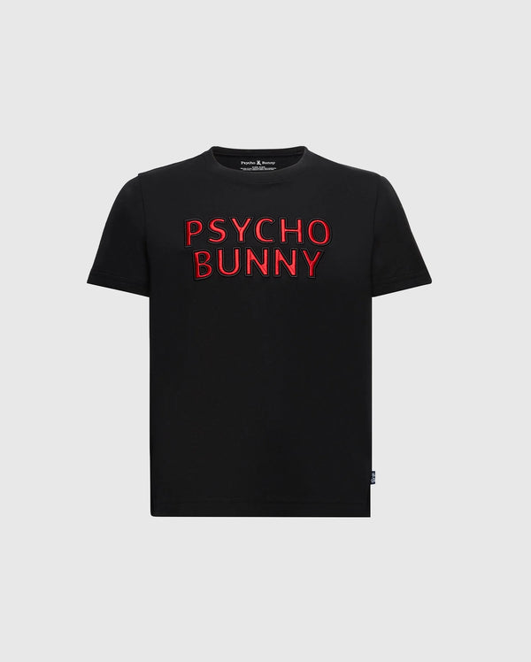 Displayed on a plain gray background, the Psycho Bunny Kids Pierce Embroidered Graphic Tee (B0U116E200) features "PSYCHO BUNNY" in red embroidery on a black Pima Cotton fabric, combining style with comfort.