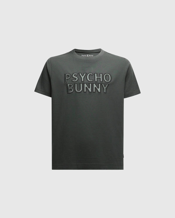 A navy kids' T-shirt from Psycho Bunny, the KIDS PIERCE EMBROIDERED GRAPHIC TEE - B0U116E200, showcases "Psycho Bunny" in prominent lettering across the front. Made from soft Pima cotton, it boasts a classic crew neck design and short sleeves against a clean white backdrop.