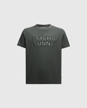 A navy kids' T-shirt from Psycho Bunny, the KIDS PIERCE EMBROIDERED GRAPHIC TEE - B0U116E200, showcases "Psycho Bunny" in prominent lettering across the front. Made from soft Pima cotton, it boasts a classic crew neck design and short sleeves against a clean white backdrop.