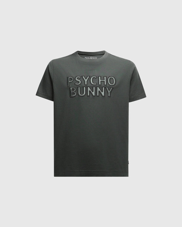 A navy kids' T-shirt from Psycho Bunny, the KIDS PIERCE EMBROIDERED GRAPHIC TEE - B0U116E200, showcases "Psycho Bunny" in prominent lettering across the front. Made from soft Pima cotton, it boasts a classic crew neck design and short sleeves against a clean white backdrop.