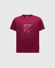 The Psycho Bunny Kids Dotser Printed Graphic Tee in maroon features a subtle bunny with a carrot on the front. Crafted from soft Peruvian Pima cotton, it includes a neck label reading "Purple & Reeny.