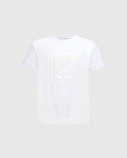 Introducing the KIDS DOTSERO PRINTED GRAPHIC TEE - B0U197E200 by Psycho Bunny. This white T-shirt is expertly crafted from luxurious Peruvian Pima Cotton and showcases a subtle rectangular embossed design on the front with abstract patterns. The brand label is prominently displayed inside the neckline against a light gray background.