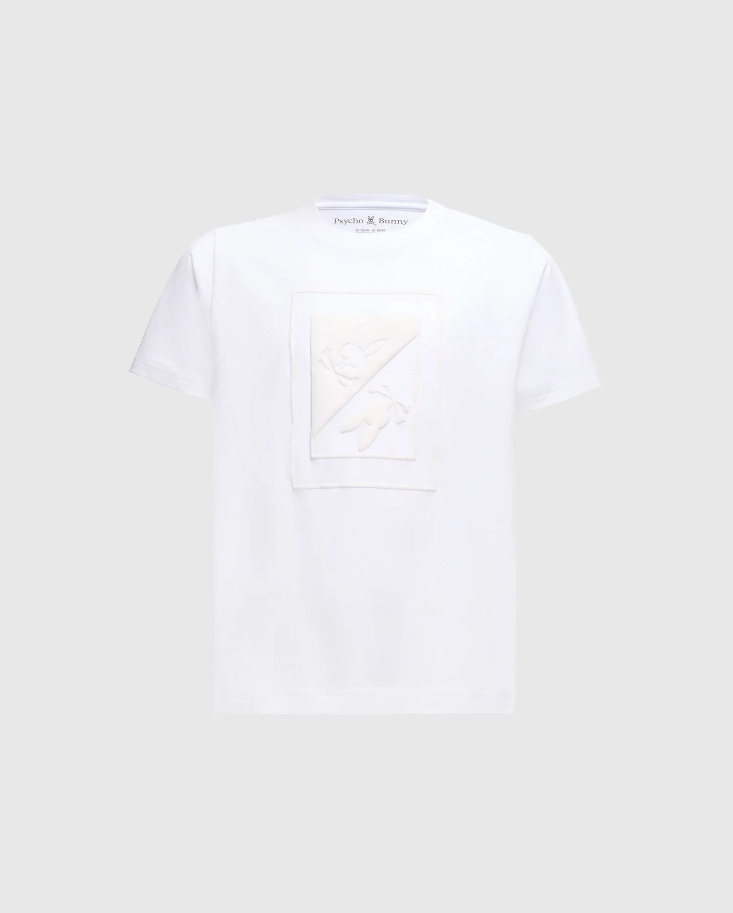 Introducing the KIDS DOTSERO PRINTED GRAPHIC TEE - B0U197E200 by Psycho Bunny. This white T-shirt is expertly crafted from luxurious Peruvian Pima Cotton and showcases a subtle rectangular embossed design on the front with abstract patterns. The brand label is prominently displayed inside the neckline against a light gray background.