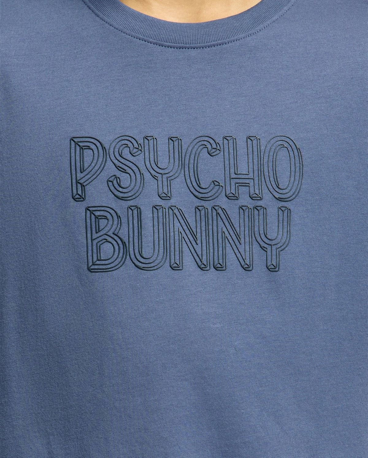 KIDS MONARC WORDMARK GRAPHIC TEE - B0U210E200 by Psycho Bunny is crafted from lightweight and durable Pima cotton in blue, with "Psycho Bunny" prominently embroidered on the front in bold, black 3D-style letters.