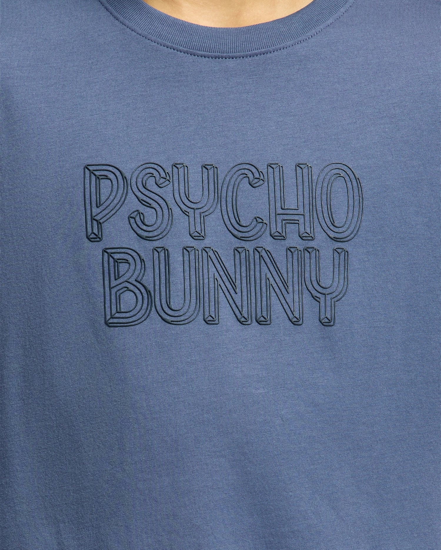 KIDS MONARC WORDMARK GRAPHIC TEE - B0U210E200 by Psycho Bunny is crafted from lightweight and durable Pima cotton in blue, with "Psycho Bunny" prominently embroidered on the front in bold, black 3D-style letters.