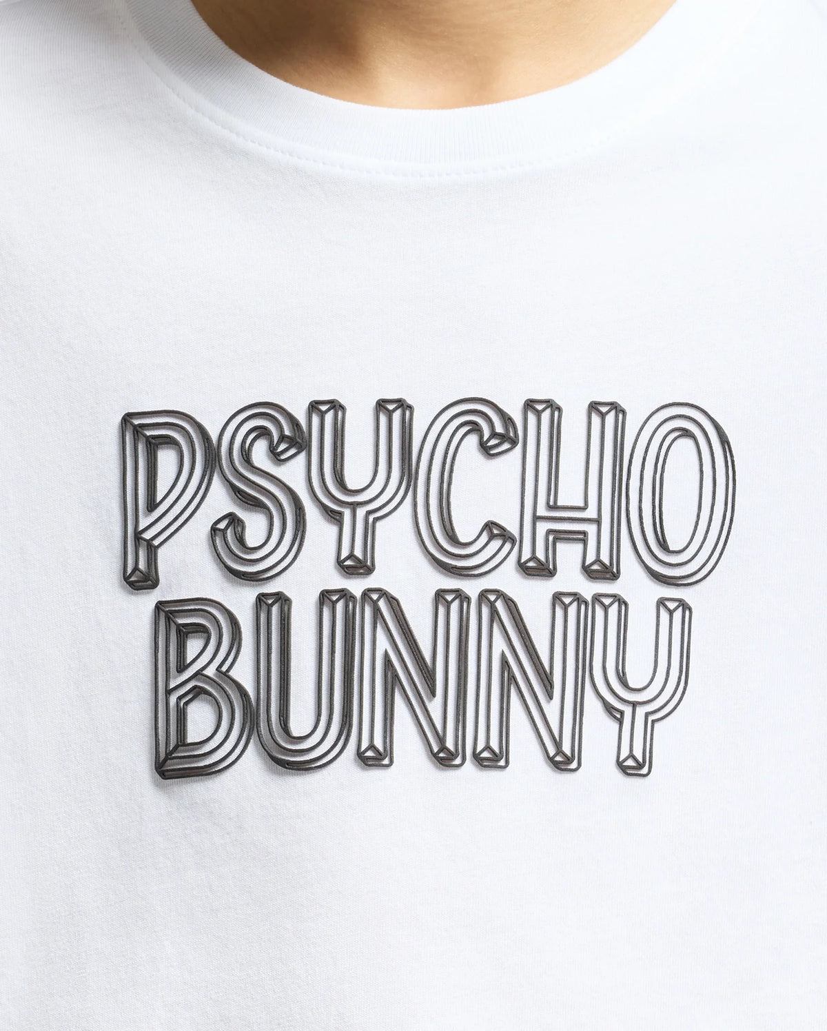 Close-up of the KIDS MONARC WORDMARK GRAPHIC TEE - B0U210E200 by Psycho Bunny, crafted from luxurious Pima cotton, with "PSYCHO BUNNY" in bold, metallic gray font emblazoned across the chest.