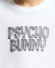 Close-up of the KIDS MONARC WORDMARK GRAPHIC TEE - B0U210E200 by Psycho Bunny, crafted from luxurious Pima cotton, with "PSYCHO BUNNY" in bold, metallic gray font emblazoned across the chest.
