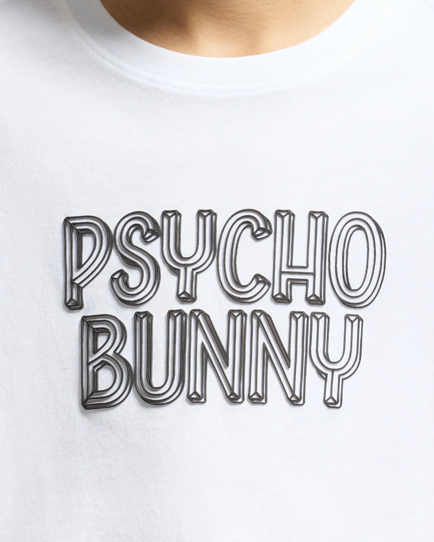 Close-up of the KIDS MONARC WORDMARK GRAPHIC TEE - B0U210E200 by Psycho Bunny, crafted from luxurious Pima cotton, with "PSYCHO BUNNY" in bold, metallic gray font emblazoned across the chest.