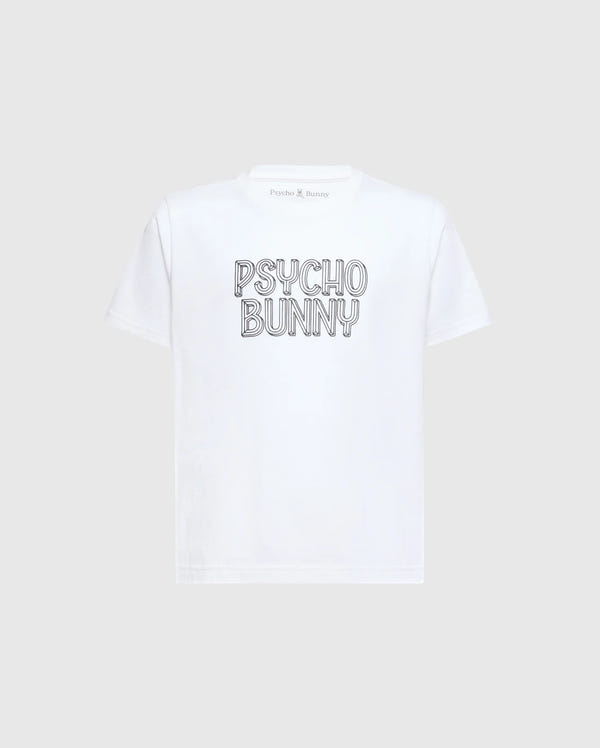The KIDS MONARC WORDMARK GRAPHIC TEE - B0U210E200 by Psycho Bunny prominently displays the "Psycho Bunny" lettering in bold, outlined letters on the front, offering luxurious comfort with its premium Pima cotton material against a plain light gray background.