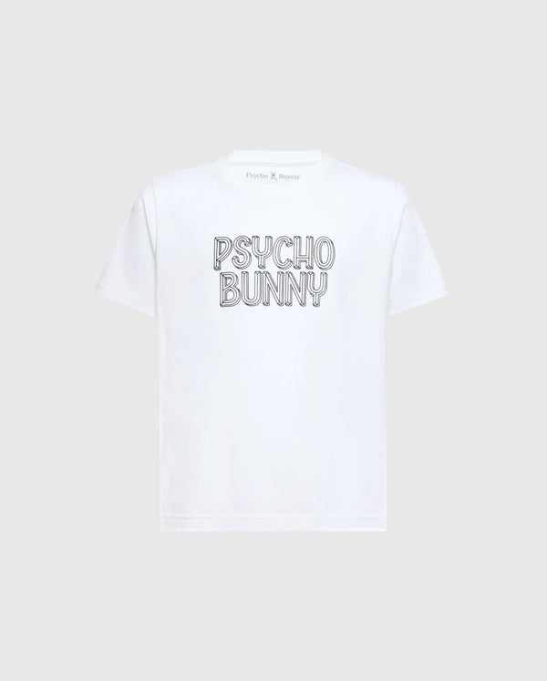 The KIDS MONARC WORDMARK GRAPHIC TEE - B0U210E200 by Psycho Bunny prominently displays the "Psycho Bunny" lettering in bold, outlined letters on the front, offering luxurious comfort with its premium Pima cotton material against a plain light gray background.