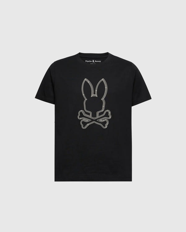 The KIDS MONARC FRONT BUNNY GRAPHIC TEE - B0U211E200 by Psycho Bunny features a striking rabbit skull and crossbones design in light gray on the front. Made from soft Pima cotton, this black tee displays "Psycho Bunny" on the inside collar and is set against a plain white background.