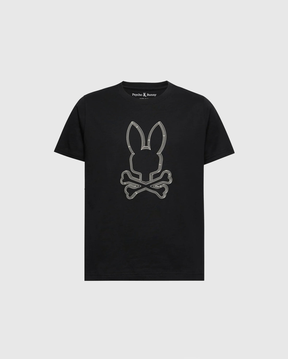 The KIDS MONARC FRONT BUNNY GRAPHIC TEE - B0U211E200 by Psycho Bunny features a striking rabbit skull and crossbones design in light gray on the front. Made from soft Pima cotton, this black tee displays "Psycho Bunny" on the inside collar and is set against a plain white background.