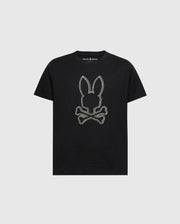 The KIDS MONARC FRONT BUNNY GRAPHIC TEE - B0U211E200 by Psycho Bunny features a striking rabbit skull and crossbones design in light gray on the front. Made from soft Pima cotton, this black tee displays "Psycho Bunny" on the inside collar and is set against a plain white background.