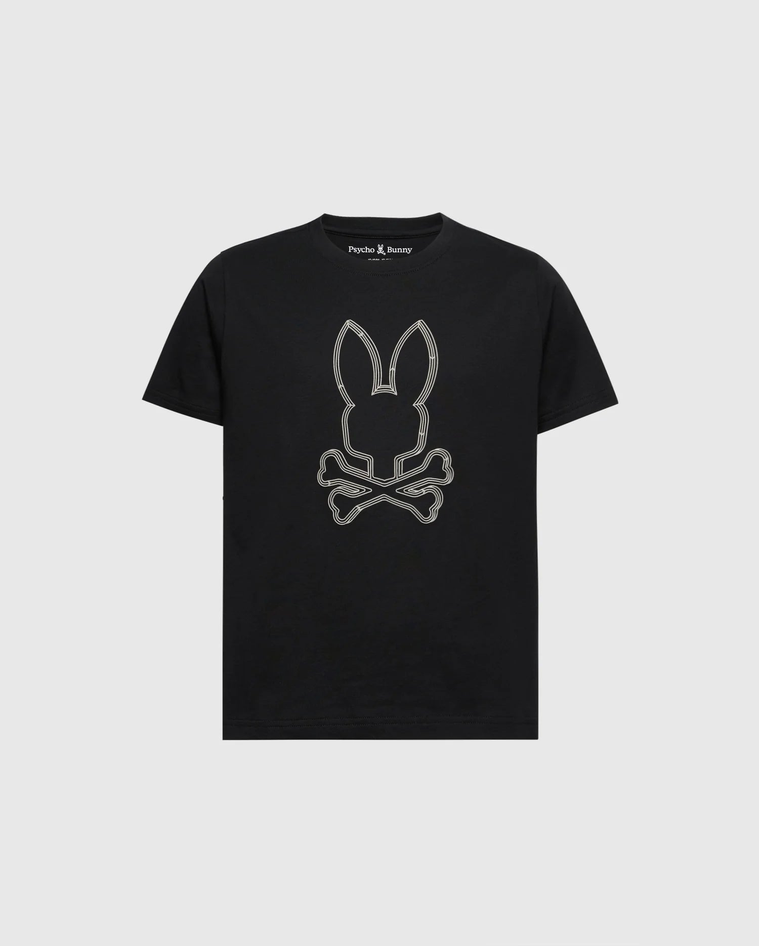 The KIDS MONARC FRONT BUNNY GRAPHIC TEE - B0U211E200 by Psycho Bunny features a striking rabbit skull and crossbones design in light gray on the front. Made from soft Pima cotton, this black tee displays "Psycho Bunny" on the inside collar and is set against a plain white background.