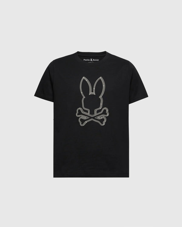 The KIDS MONARC FRONT BUNNY GRAPHIC TEE - B0U211E200 by Psycho Bunny features a striking rabbit skull and crossbones design in light gray on the front. Made from soft Pima cotton, this black tee displays "Psycho Bunny" on the inside collar and is set against a plain white background.