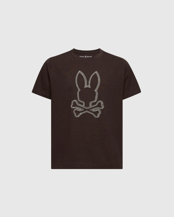 This Psycho Bunny KIDS MONARC FRONT BUNNY GRAPHIC TEE - B0U211E200 showcases a black T-shirt design with a bunny head above crossed bones on the front, set against a plain white background—a stylish choice.