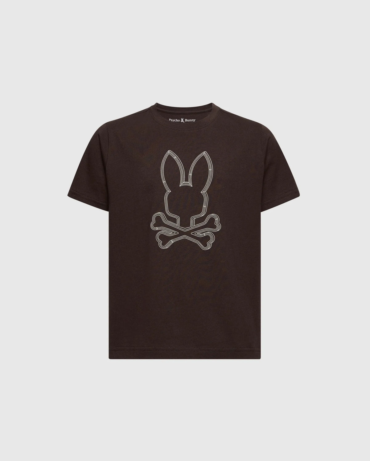 This Psycho Bunny KIDS MONARC FRONT BUNNY GRAPHIC TEE - B0U211E200 showcases a black T-shirt design with a bunny head above crossed bones on the front, set against a plain white background—a stylish choice.