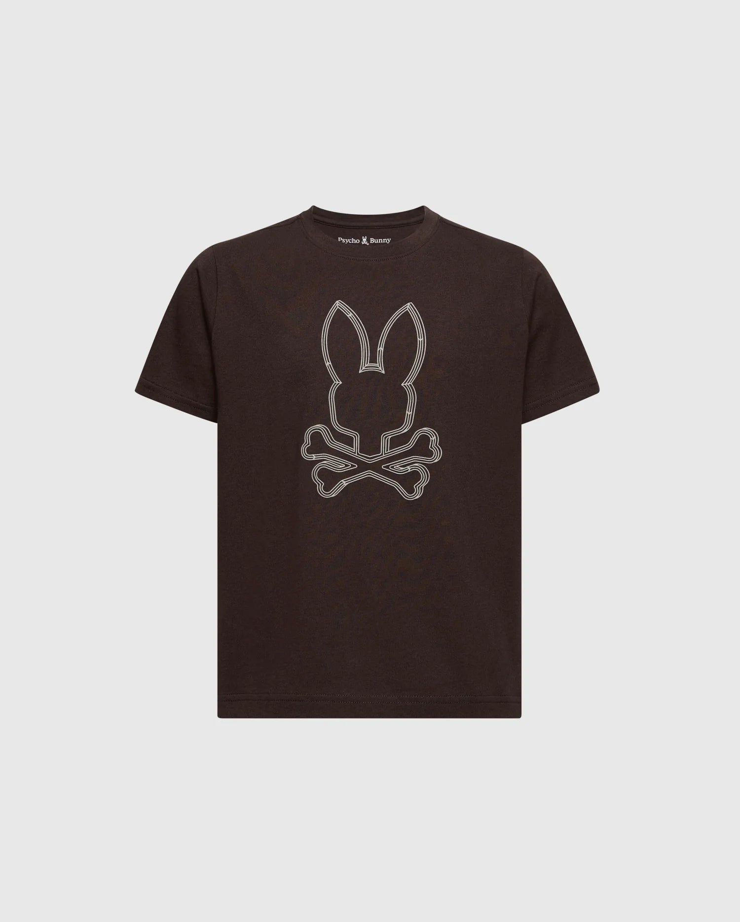 This Psycho Bunny KIDS MONARC FRONT BUNNY GRAPHIC TEE - B0U211E200 showcases a black T-shirt design with a bunny head above crossed bones on the front, set against a plain white background—a stylish choice.
