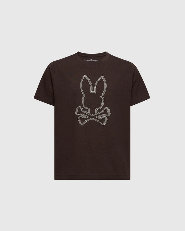 This Psycho Bunny KIDS MONARC FRONT BUNNY GRAPHIC TEE - B0U211E200 showcases a black T-shirt design with a bunny head above crossed bones on the front, set against a plain white background—a stylish choice.