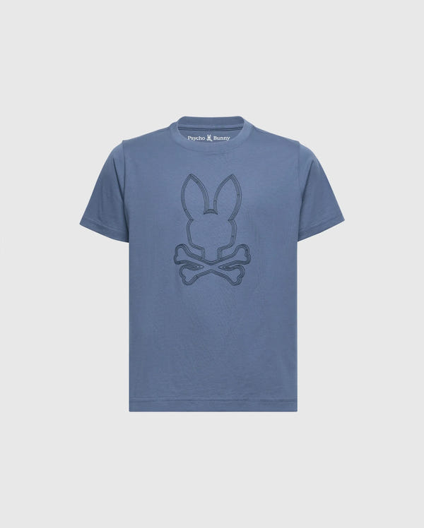 The KIDS MONARC FRONT BUNNY GRAPHIC TEE - B0U211E200 by Psycho Bunny is a soft Pima cotton tee in blue, featuring a stitched design of a bunny's head above crossbones on the front.