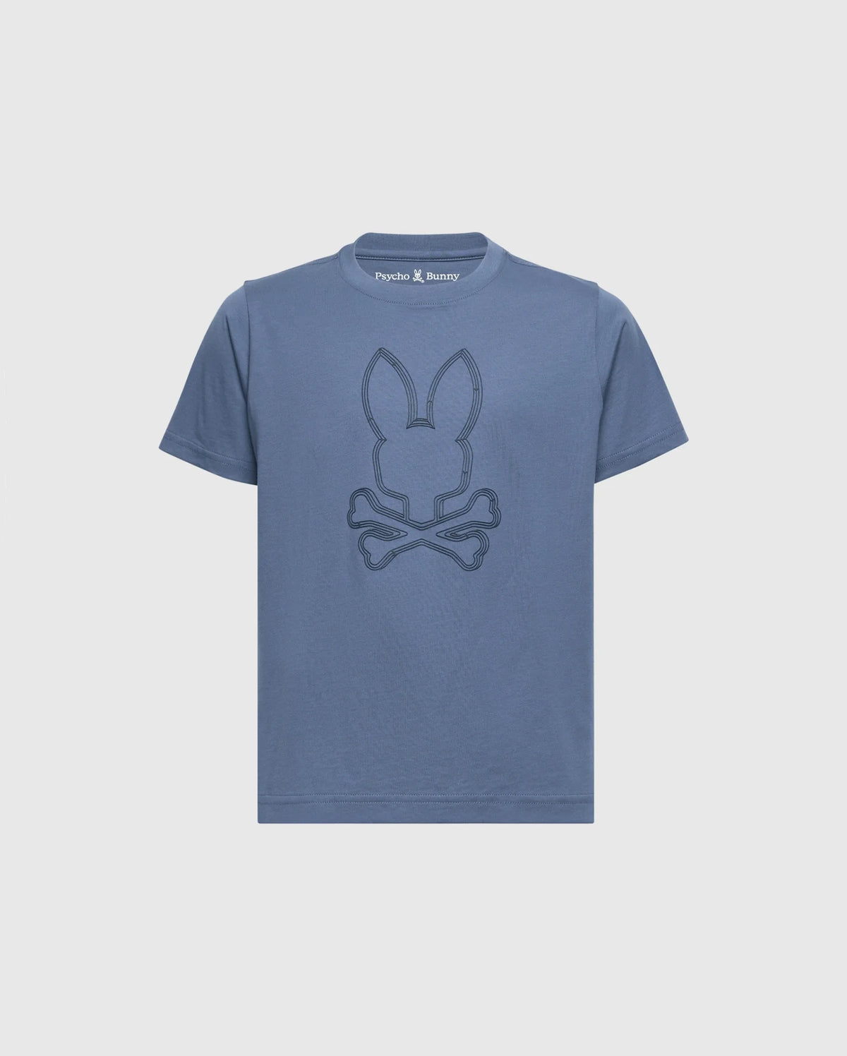 The KIDS MONARC FRONT BUNNY GRAPHIC TEE - B0U211E200 by Psycho Bunny is a soft Pima cotton tee in blue, featuring a stitched design of a bunny's head above crossbones on the front.