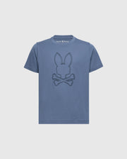 The KIDS MONARC FRONT BUNNY GRAPHIC TEE - B0U211E200 by Psycho Bunny is a soft Pima cotton tee in blue, featuring a stitched design of a bunny's head above crossbones on the front.