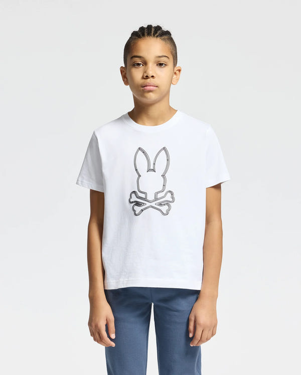 The image shows a white short-sleeved t-shirt with a black Psycho Bunny logo on the left chest.